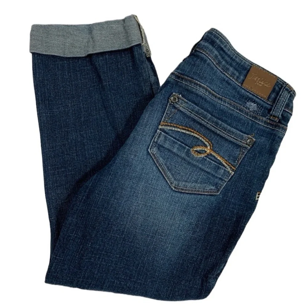 Justice Jeans Cuffed Capri Distressed Stitching Size 14 Slim